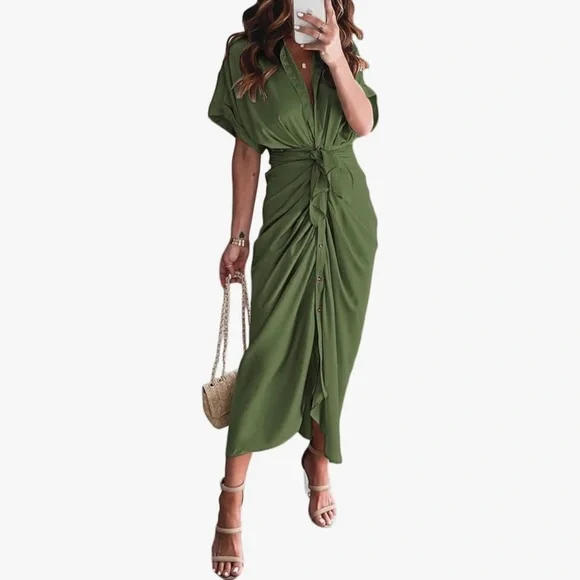 NEW Women Elegant Satin Button Down Short Sleeve Maxi Shirt Dress with Belt - Picture 7 of 9